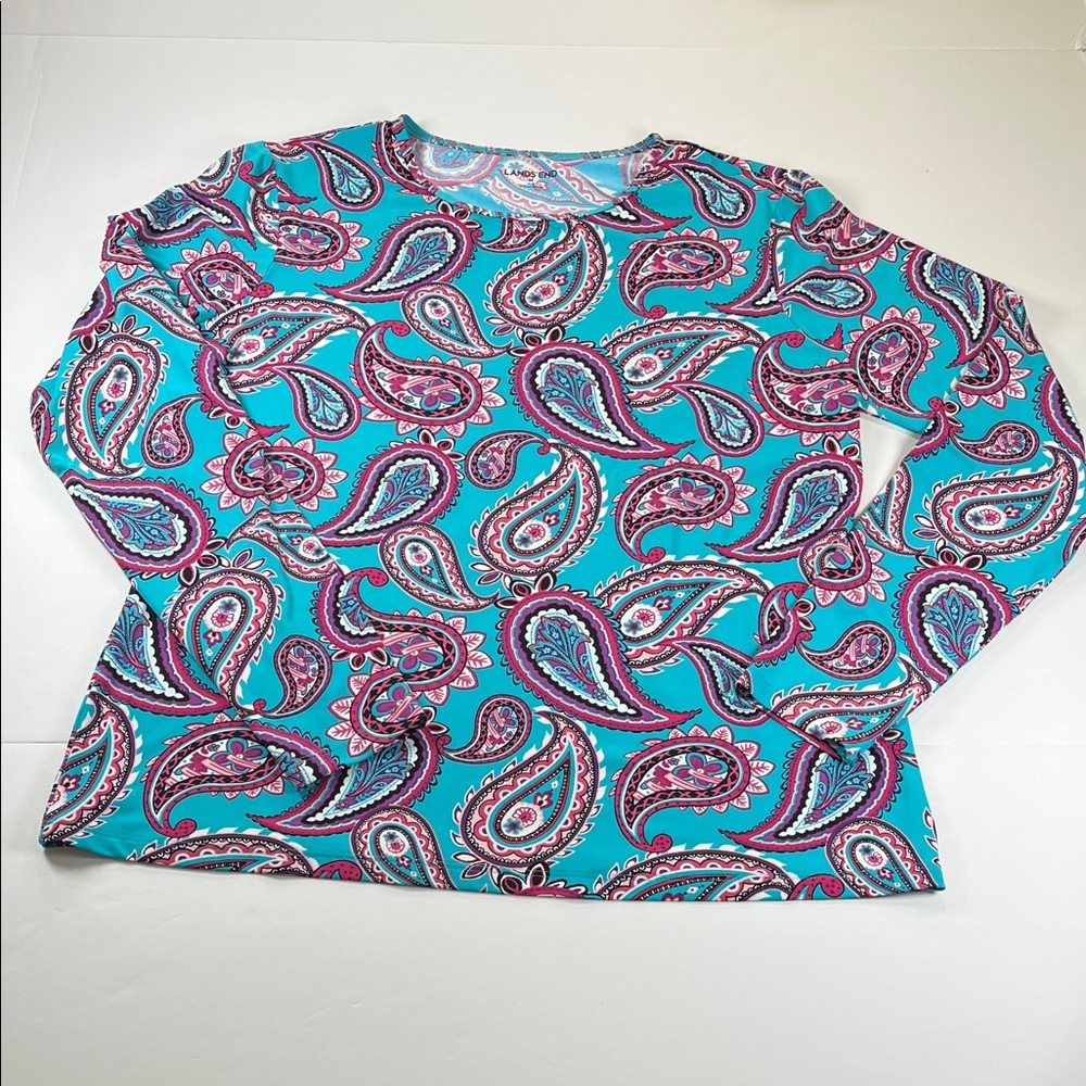 Lands’ End Quick Dry Rash Guard Colorful Paisley Long Sleeve Top Sz M